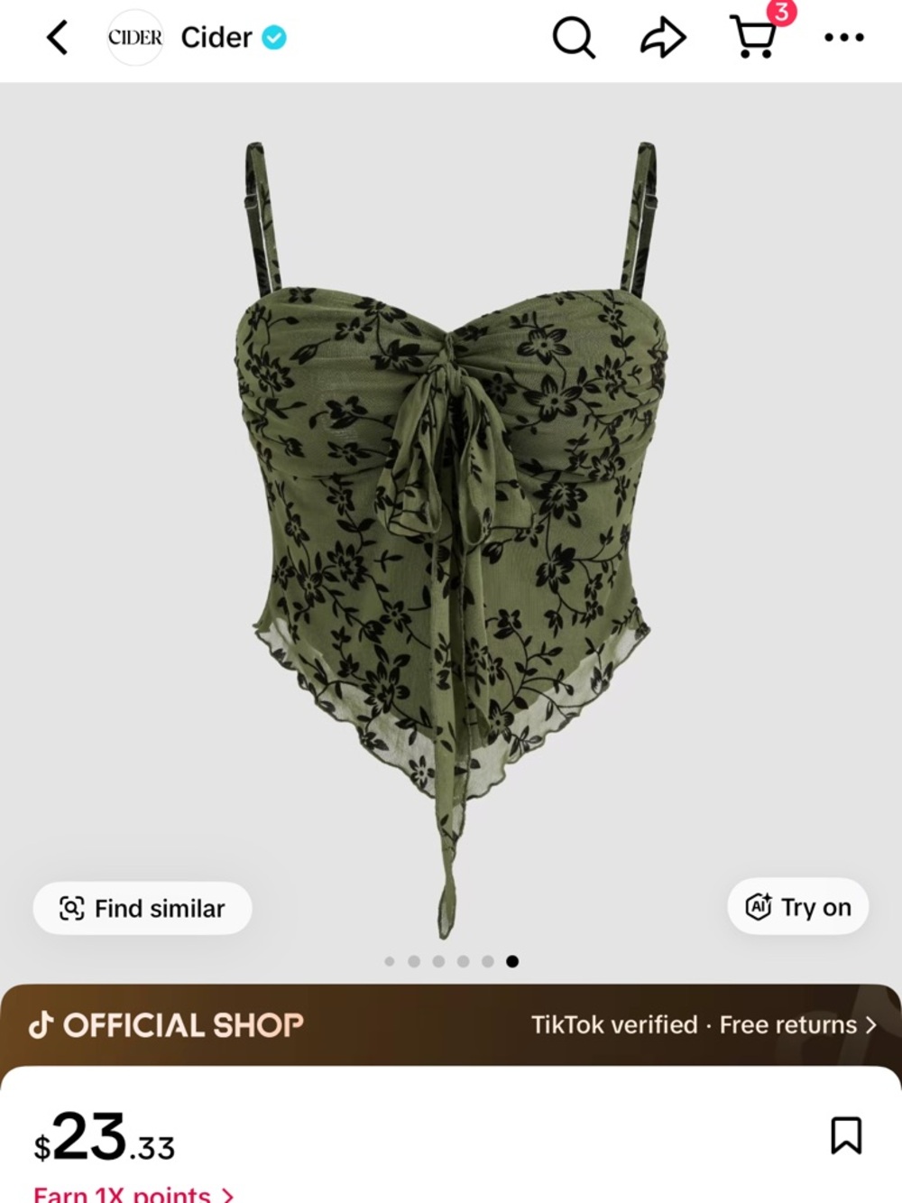 Cider Olive Green Floral Mesh Knotted Crop Cami Top